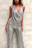 Shimmering Halter Style Drape Neck Wide Leg Jumpsuit