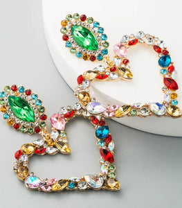 Heart-shaped alloy with colored diamonds retro temperament exaggerated earrings