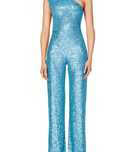 Alize Stretch Sequin One Shoulder Wide Leg Jumpsuit