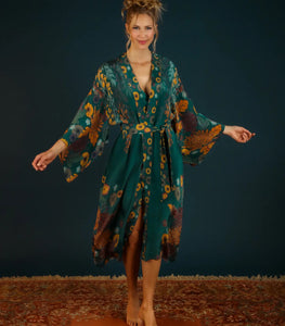 Luxe Trailing Wisteria Kimono Gown - Teal