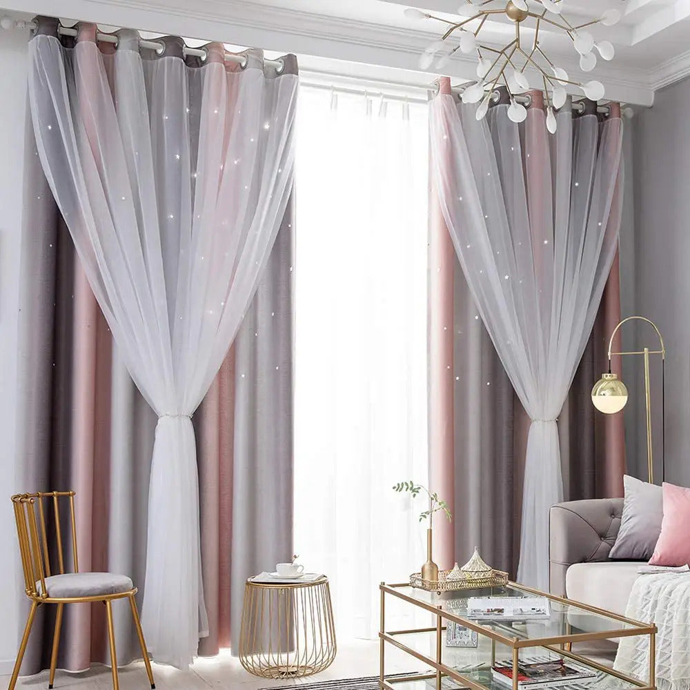 Ombre Stars Curtains Double Layers Blackout Gray Pink Grommet -2 Panels, 52X96