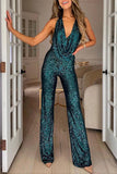 Shimmering Halter Style Drape Neck Wide Leg Jumpsuit