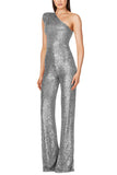 Alize Stretch Sequin One Shoulder Wide Leg Jumpsuit