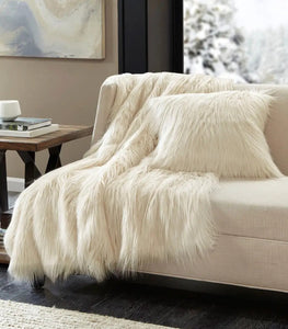 Long Faux Fur Throw Blanket, Ivory (50