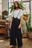 Wide Leg Solid Textured Knit Suspender Pants