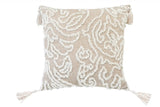 Beige And White Abstract Throw Pillow With Tassels - 17" x 17"