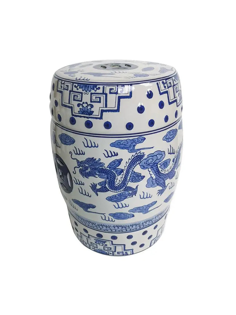 Blue & White Ceramic Chinoiserie Dragon Stool - 18"