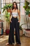 Wide Leg Solid Textured Knit Suspender Pants