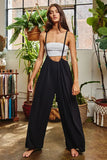 Wide Leg Solid Textured Knit Suspender Pants