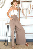 Wide Leg Solid Textured Knit Suspender Pants