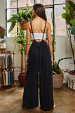 Wide Leg Solid Textured Knit Suspender Pants